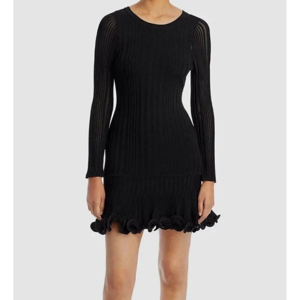 Milly Authentic Solid Black Ribbed Knit Long Sleeve Ruffle Mini Dress Xs Small P